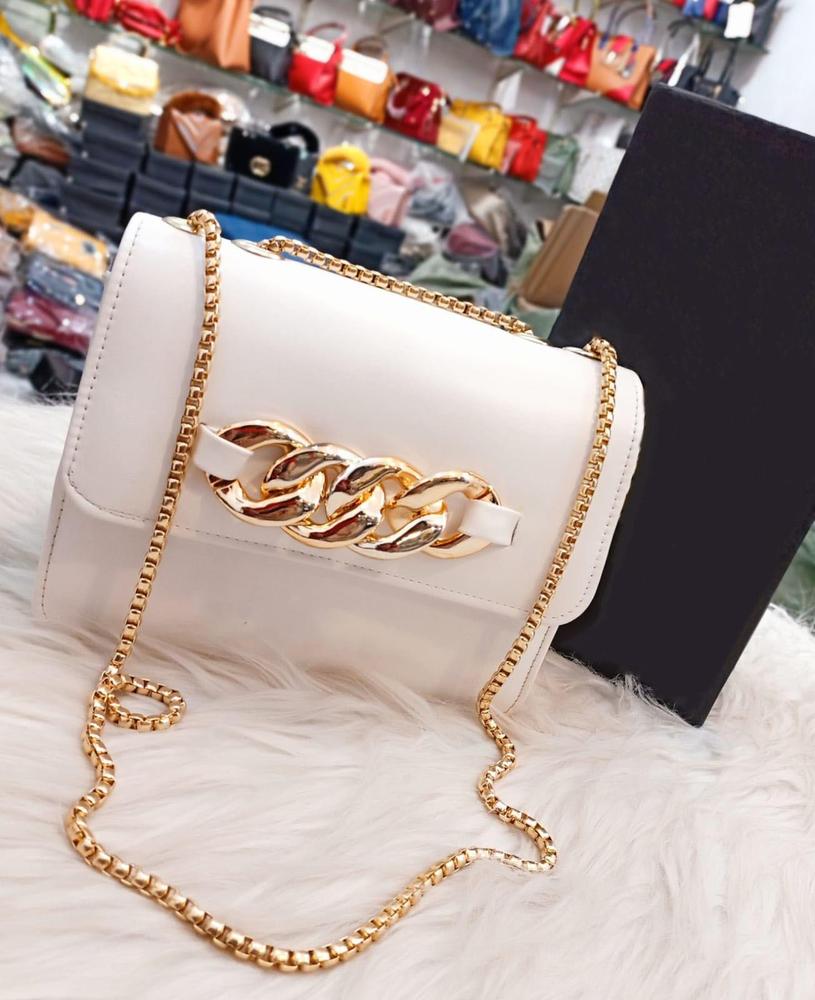 Pu leather plain hand bag with long shain strap
